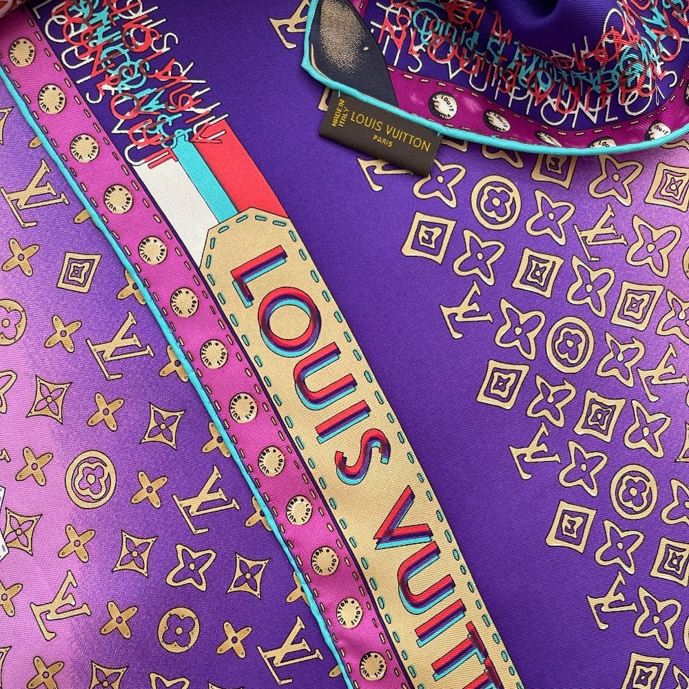 Display # 1 Louis Vuitton Monogram Map Square Purple Silk Scarf - Picture 10 of 16